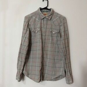 Levi's Western Shirt Mens Medium Grey Plaid Good Slim Fit Pearl Snap Long Sleeve